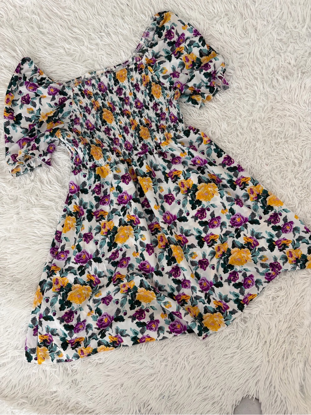 SHEIN CURVE Floral Smocked Babydoll Dress 0XL Purple Yellow